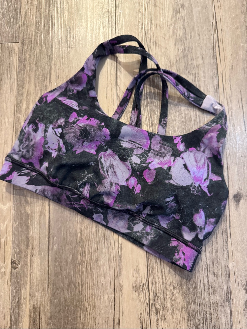 Purple and Black Floral Lululemon Energy Bra *Medium Support, B–D Cup